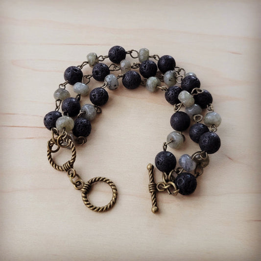 Labradorite and Lava Triple Strand Bracelet 808k