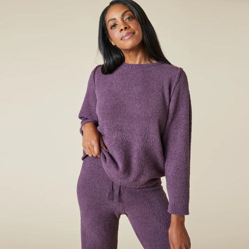 Solid Marshmallow Reverse Seam Crew Neck Lounge Set with Bracelet Sleeve