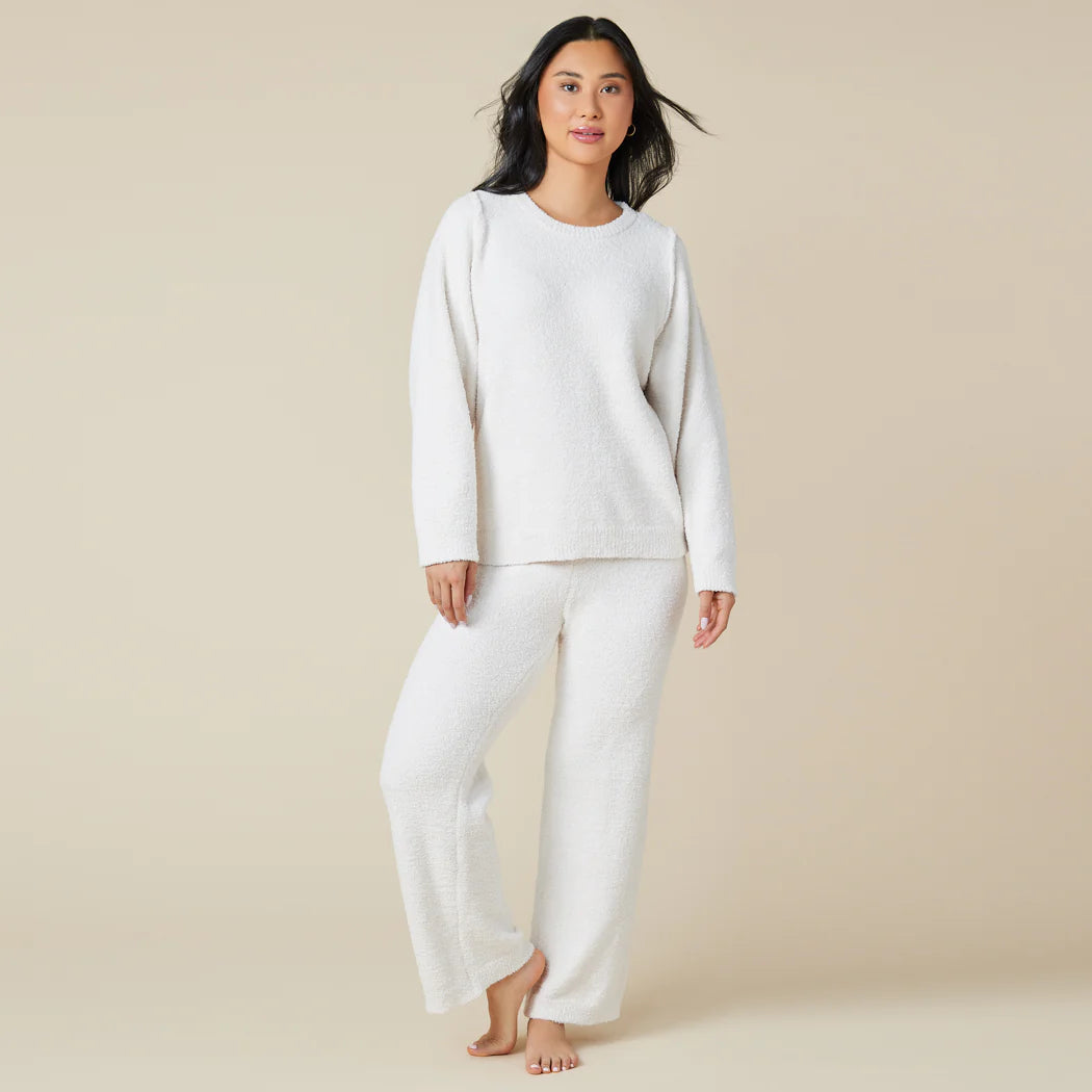 Solid Marshmallow Reverse Seam Crew Neck Lounge Set with Bracelet Sleeve