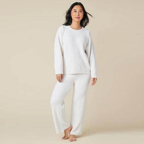 Solid Marshmallow Reverse Seam Crew Neck Lounge Set with Bracelet Sleeve