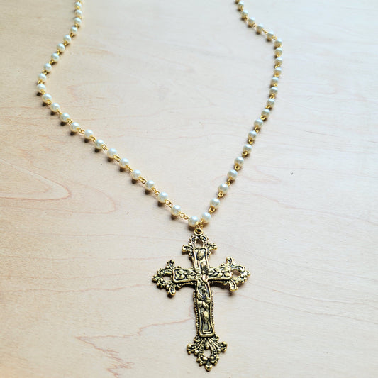 **Pearl Long Beaded Necklace with Antique Gold Cross 255tt