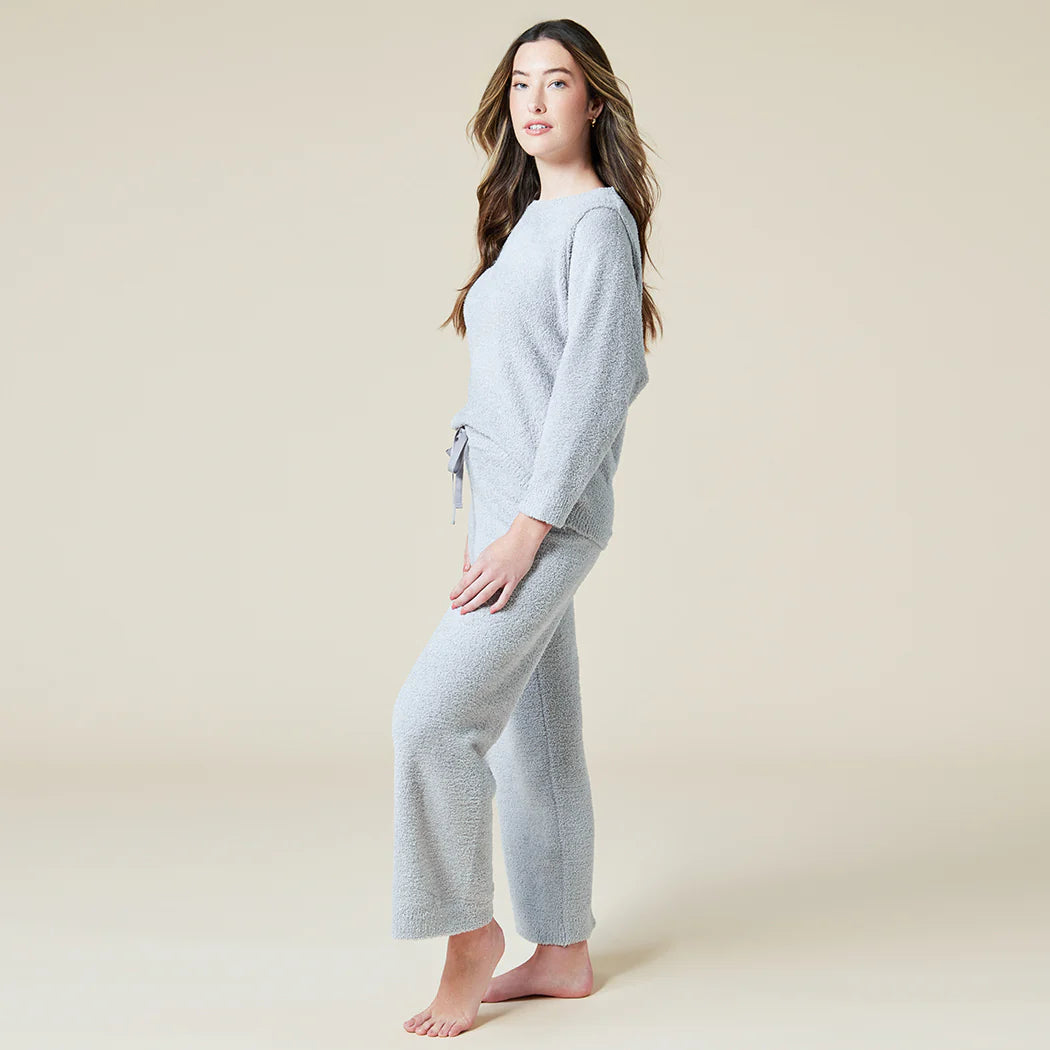 Solid Marshmallow Reverse Seam Crew Neck Lounge Set with Bracelet Sleeve