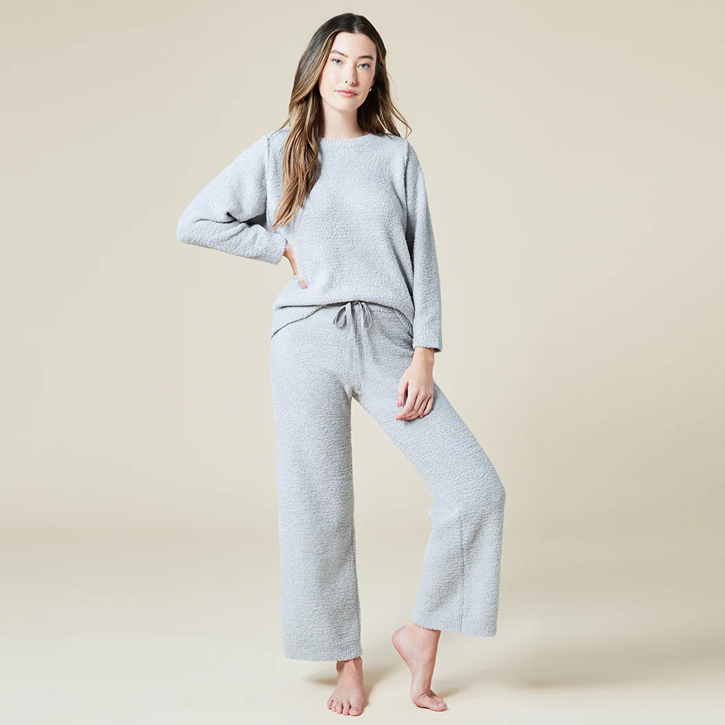 Solid Marshmallow Reverse Seam Crew Neck Lounge Set with Bracelet Sleeve