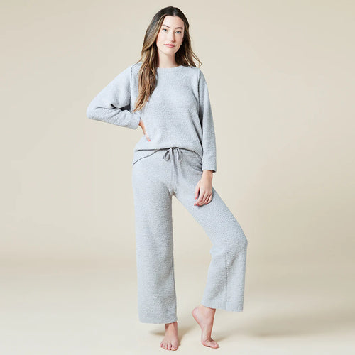 Solid Marshmallow Reverse Seam Crew Neck Lounge Set with Bracelet Sleeve