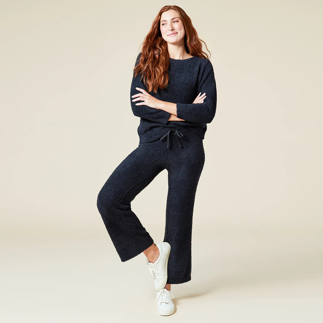 Solid Marshmallow Reverse Seam Crew Neck Lounge Set with Bracelet Sleeve