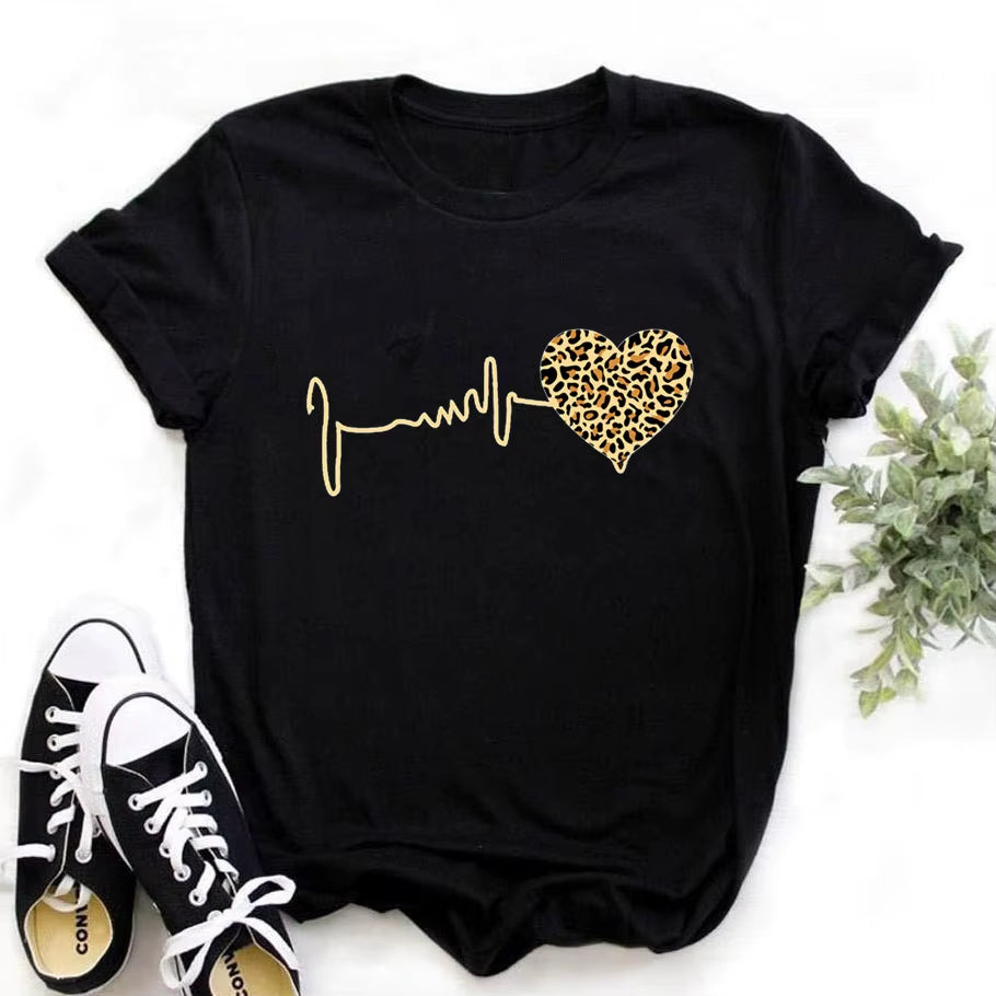Trendy 90's Leopard Heartbeat Graphic Tee - Summer Women's Short Sleeve T-Shirt in Harajuku Style
