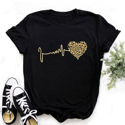 Trendy 90's Leopard Heartbeat Graphic Tee - Summer Women's Short Sleeve T-Shirt in Harajuku Style