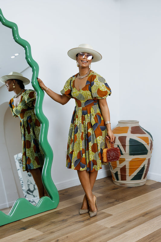 TARAJI AFRICAN PRINT PUFF SLEEVE DRESS----FINAL SALE