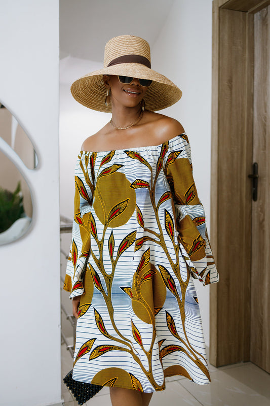 TIYE AFRICAN PRINT OFF SHOULDER DRESS