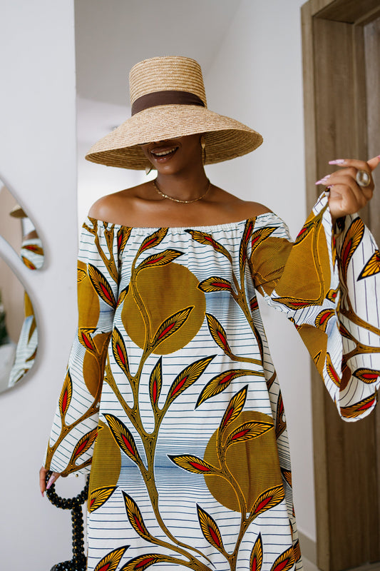 TIYE AFRICAN PRINT OFF SHOULDER DRESS