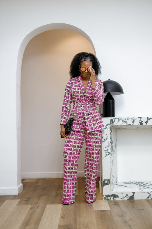 ZYLA AFRICAN PRINT TWO PIECE SUIT SET [PINK]