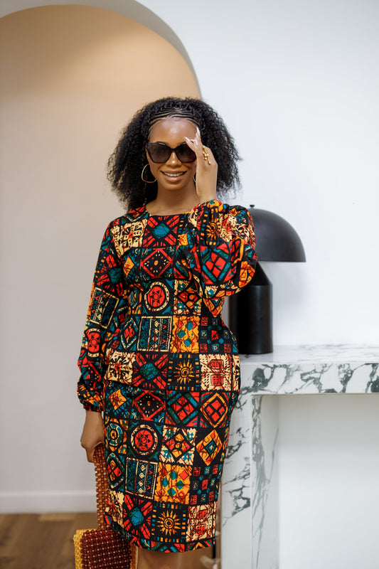ZORA AFRICAN PRINT PUFF SLEEVE MIDI DRESS [PATCHWORK]