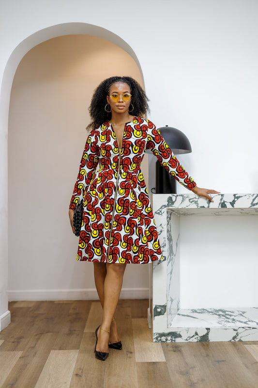 KEITA AFRICAN PRINT ZIP FRONT FLARE DRESS [MULTICOLOR]