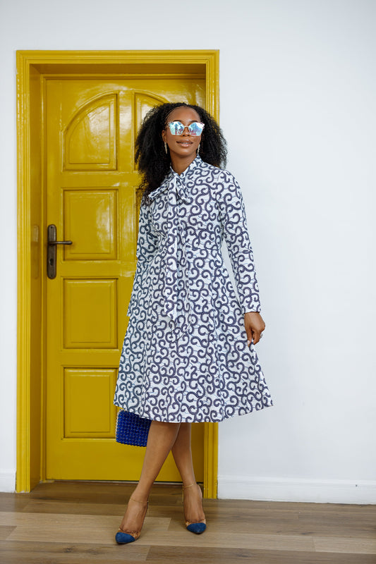 GILDA AFRICAN PRINT TIE-NECK MIDI DRESS