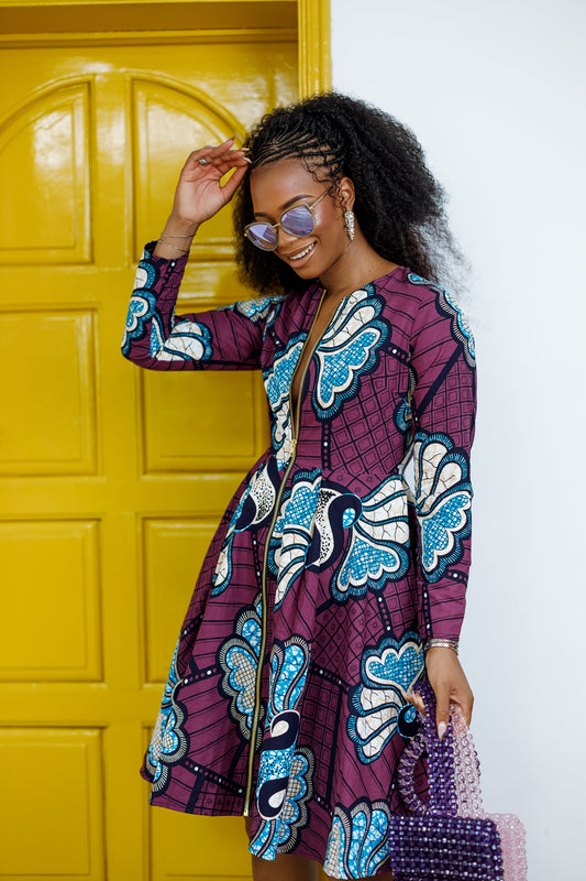 KEITA AFRICAN PRINT ZIP FRONT FLARE DRESS [PURPLE]