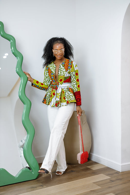 GABRIELLA AFRICAN PRINT FRONT ZIPPER PEPLUM TOP [MULTICOLOR]