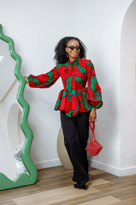 BIBI AFRICAN PRINT TIE NECK PEPLUM TOP [RED]