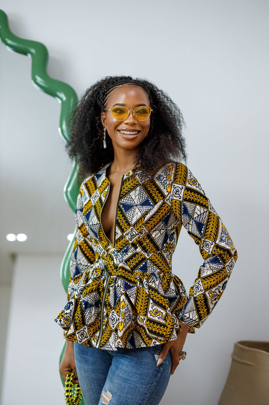 GABRIELLA AFRICAN PRINT FRONT ZIPPER PEPLUM TOP