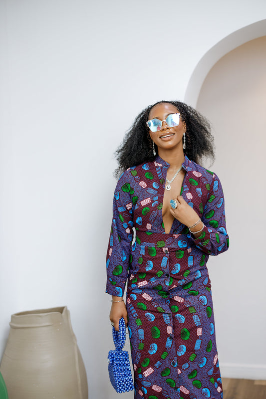 EMILY AFRICAN PRINT BUTTON MAXI DRESS [MULTICOLOR]