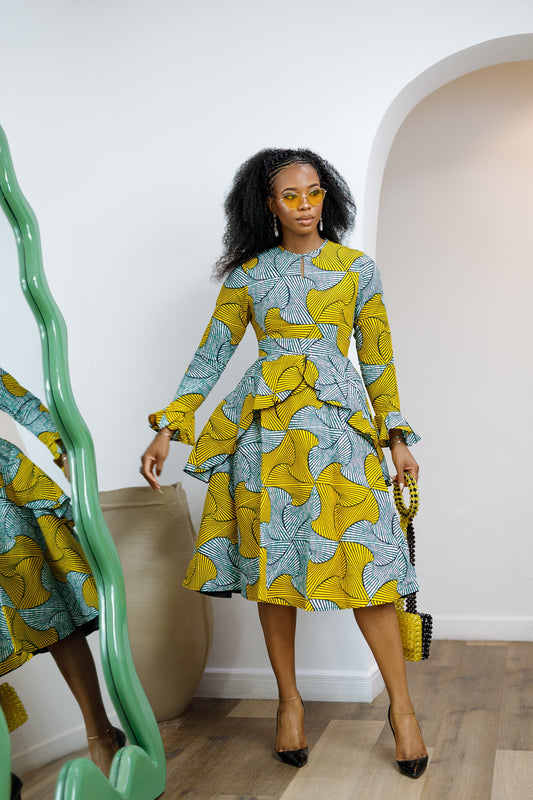 KOFI AFRICAN PRINT LAYERED FLARE MIDI DRESS [TEAL GREEN]