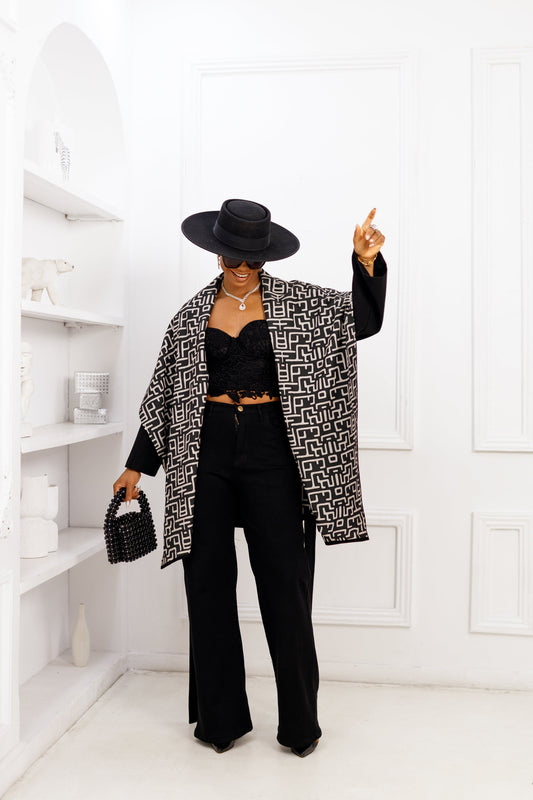 DONNA REVERSIBLE AFRICAN PRINT WOOL  PONCHO [BLACK]