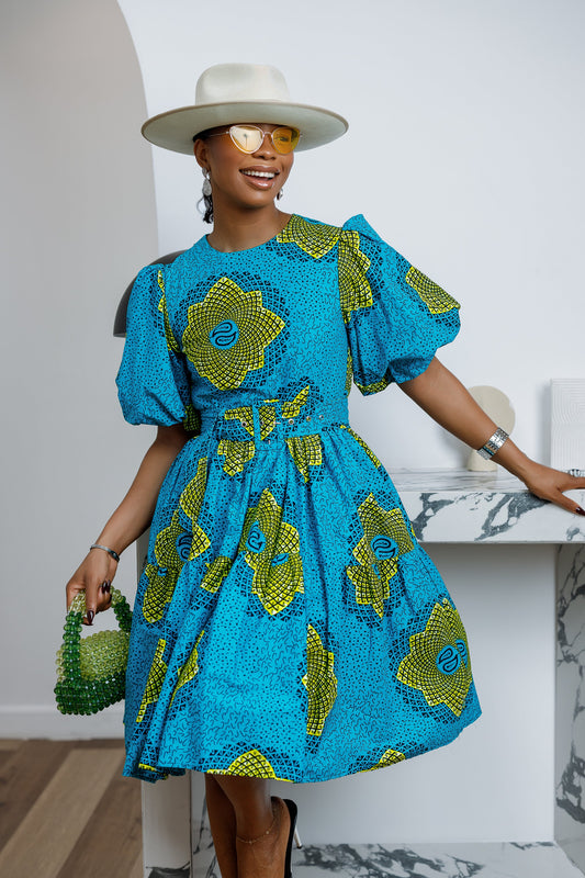 BUNMI AFRICAN PRINT MIDI DRESS [TEAL BLUE]