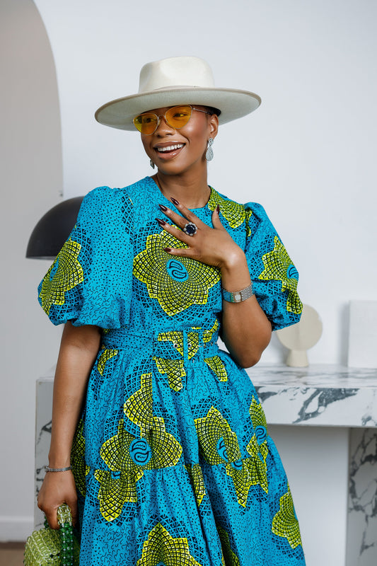 BUNMI AFRICAN PRINT MIDI DRESS [TEAL BLUE]