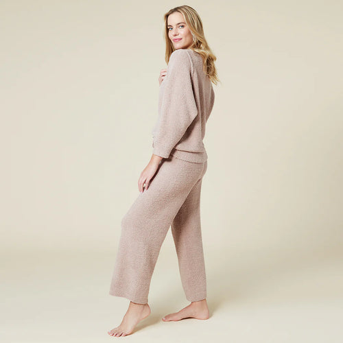 Solid Marshmallow Reverse Seam Crew Neck Lounge Set with Bracelet Sleeve