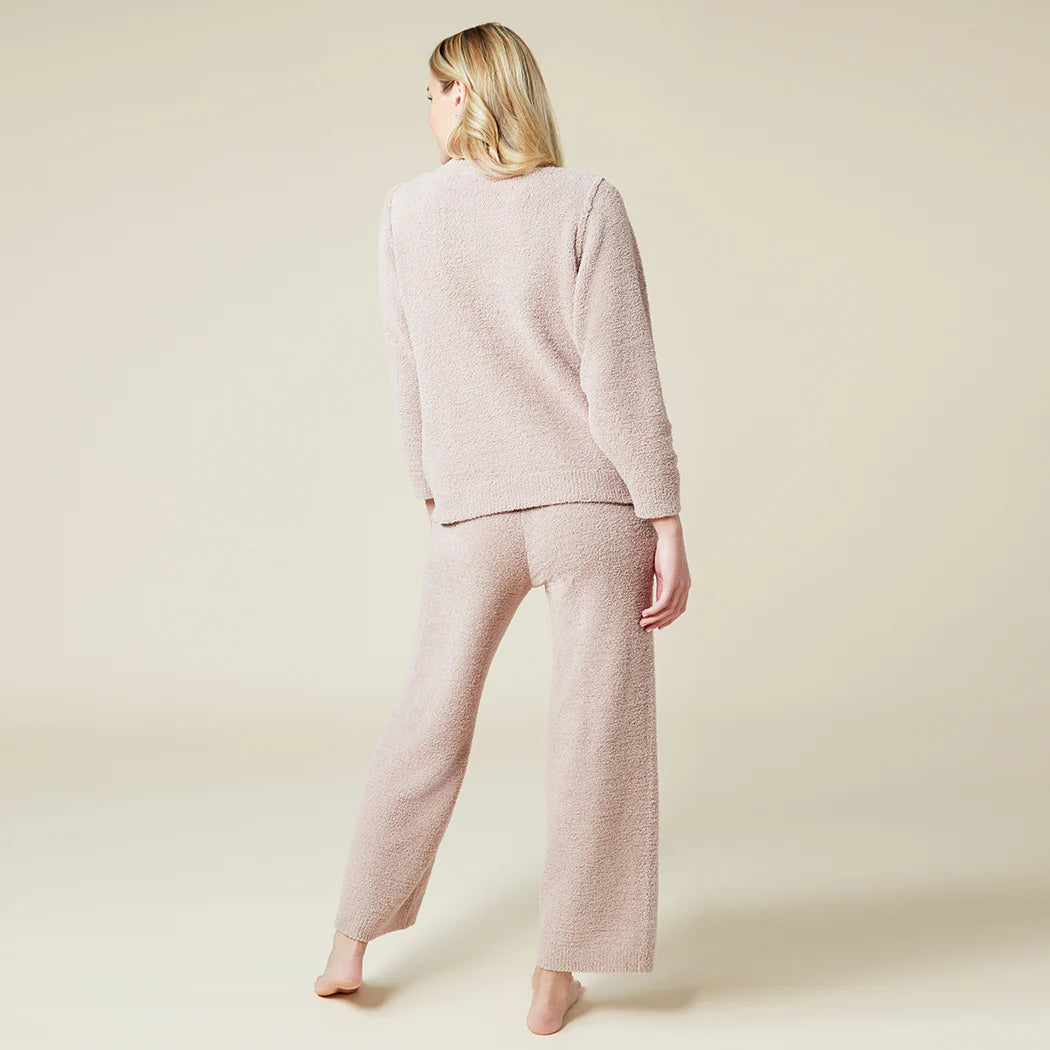 Solid Marshmallow Reverse Seam Crew Neck Lounge Set with Bracelet Sleeve