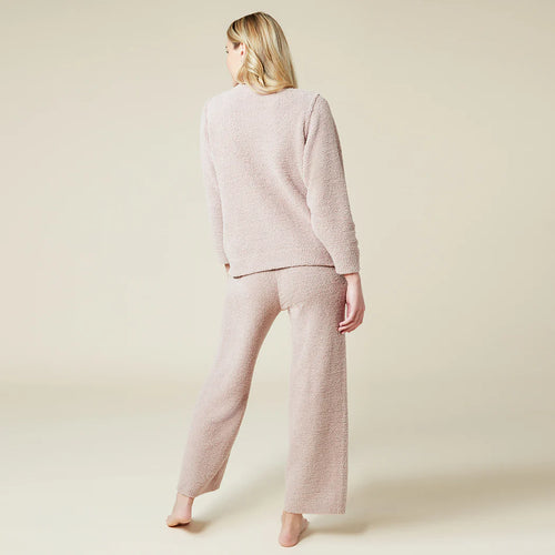 Solid Marshmallow Reverse Seam Crew Neck Lounge Set with Bracelet Sleeve