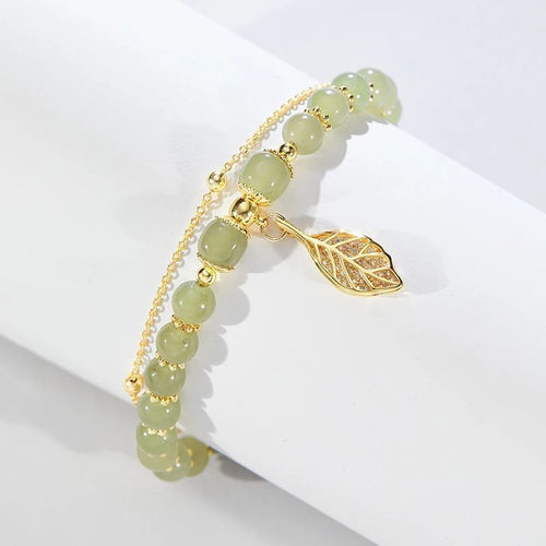 Exquisite Green Jade Bracelet for Women with Gold Color Leaf Accents and Double Chain Design