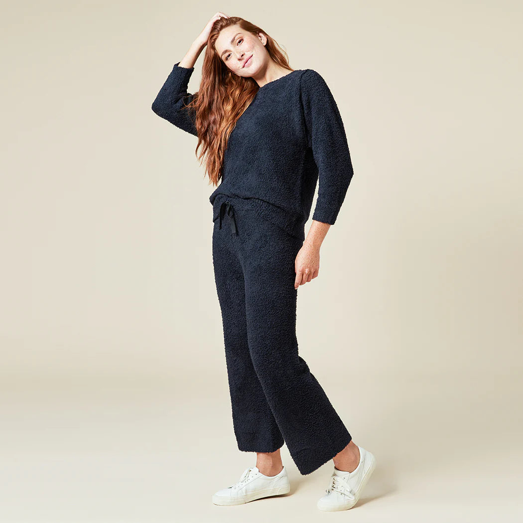 Solid Marshmallow Reverse Seam Crew Neck Lounge Set with Bracelet Sleeve
