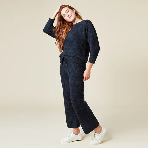 Solid Marshmallow Reverse Seam Crew Neck Lounge Set with Bracelet Sleeve