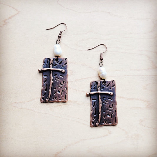 Copper Cross Earrings w/ Freshwater Pearls 225g