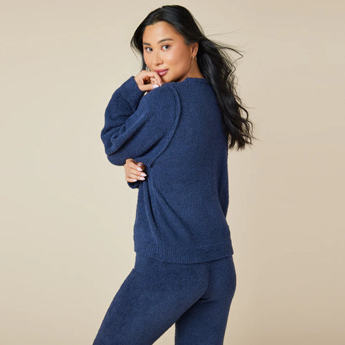 Solid Marshmallow Reverse Seam Crew Neck Lounge Set with Bracelet Sleeve