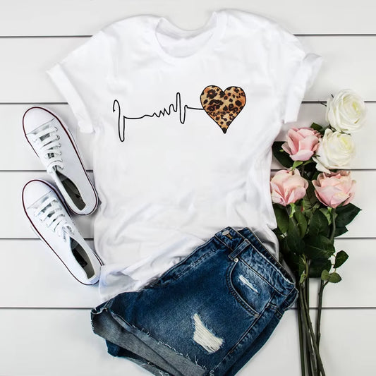 Trendy 90's Leopard Heartbeat Graphic Tee - Summer Women's Short Sleeve T-Shirt in Harajuku Style