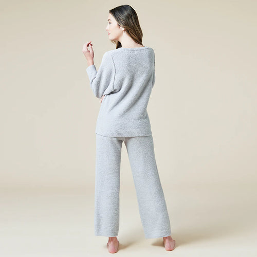 Solid Marshmallow Reverse Seam Crew Neck Lounge Set with Bracelet Sleeve