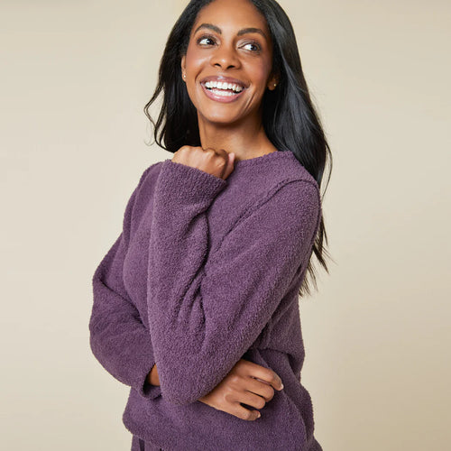 Solid Marshmallow Reverse Seam Crew Neck Lounge Set with Bracelet Sleeve