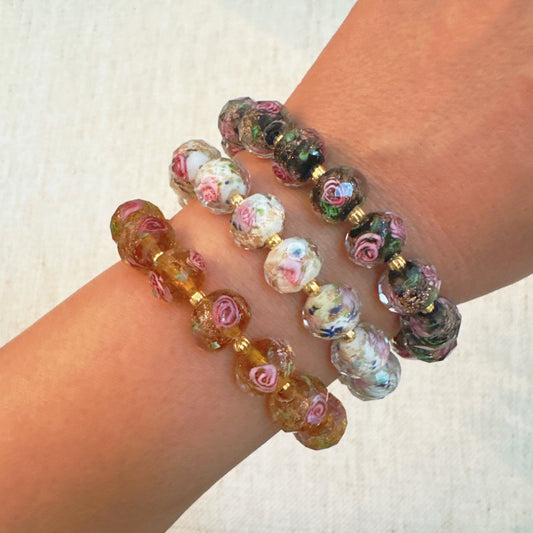 Vintage Rose Glass Bead Stretch Bracelet – Elegant, Stackable & Versatile