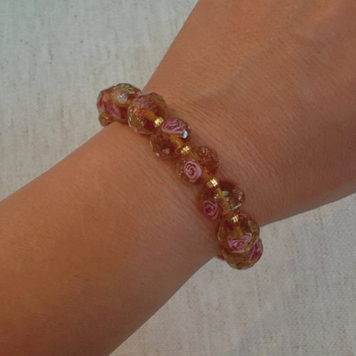 Vintage Rose Glass Bead Stretch Bracelet – Elegant, Stackable & Versatile