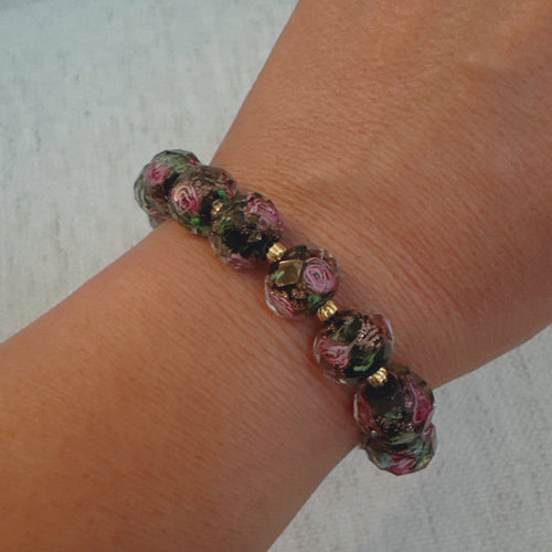 Vintage Rose Glass Bead Stretch Bracelet – Elegant, Stackable & Versatile