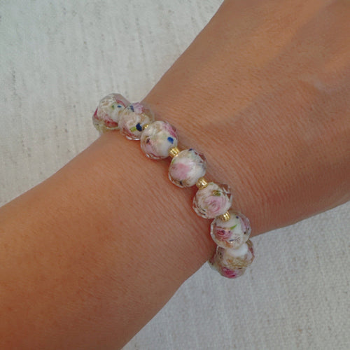 Vintage Rose Glass Bead Stretch Bracelet – Elegant, Stackable & Versatile