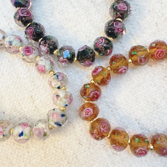 Vintage Rose Glass Bead Stretch Bracelet – Elegant, Stackable & Versatile