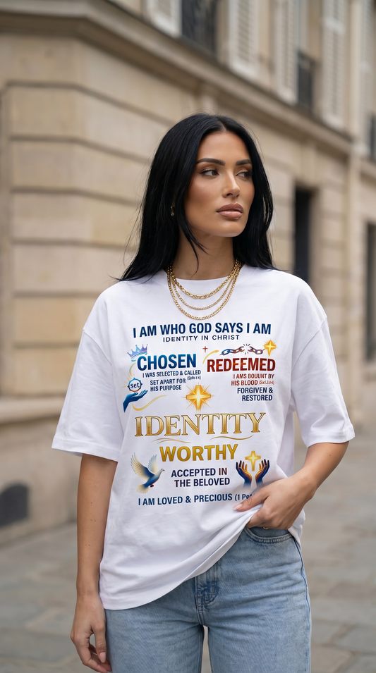 IDENTITY — “I AM WHO GOD SAYS I AM” — White Oversized Tee