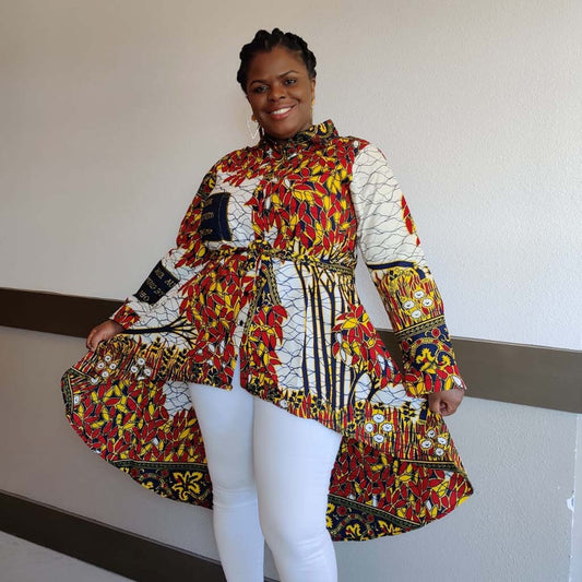 Kente African Print High Low Button up Shirt (White Red Honey )