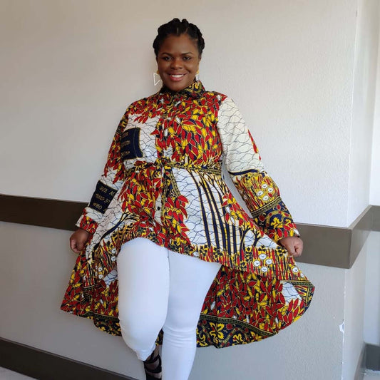 Kente African Print High Low Button up Shirt (White Red Honey )