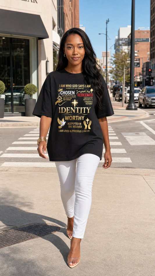 IDENTITY — “I AM WHO GOD SAYS I AM” — Gold Edition Oversized Tee