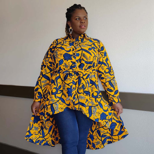 Kente African Print High Low Button up Shirt (Blue Yellow )