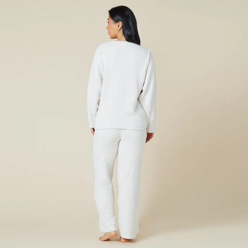 Solid Marshmallow Reverse Seam Crew Neck Lounge Set with Bracelet Sleeve