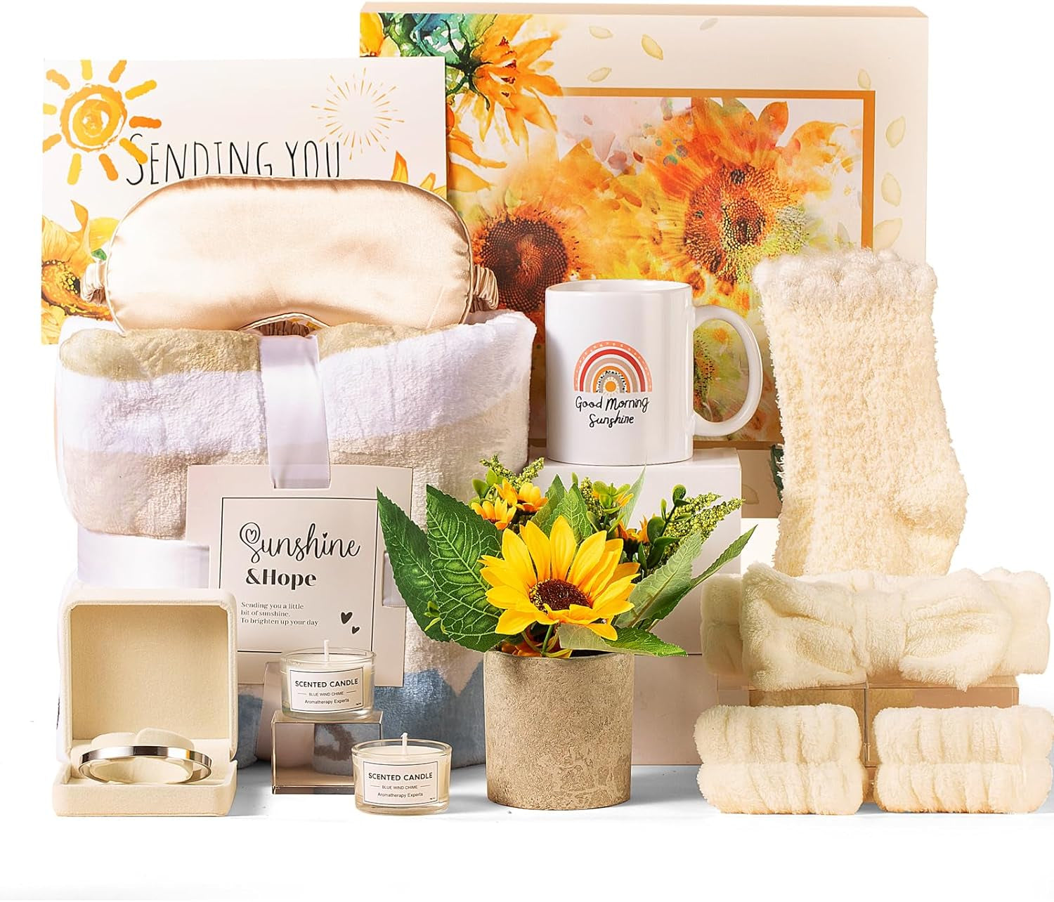 Sunshine Care Package: Thoughtful Get Well Soon Gift Basket for Women with Sunflower-Themed Items, Inspirational Blanket, and Candle for Mom, Sister, or Loved Ones